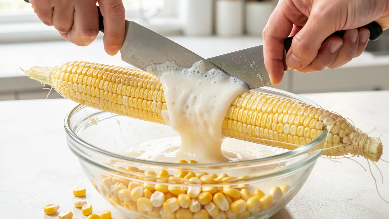 Scraping the back of a knife down a bare corn cob to release starchy corn milk into a bowl