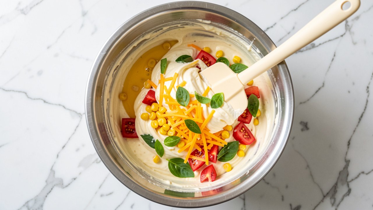 Folding corn kernels, seeded tomatoes, cheddar and basil into an egg and cream custard in a mixing bowl