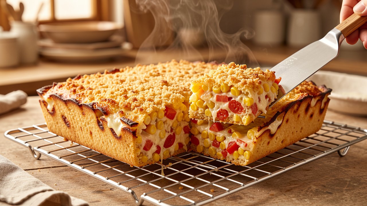 A spatula lifting a clean square of rested corn and tomato casserole with a golden crumb topping