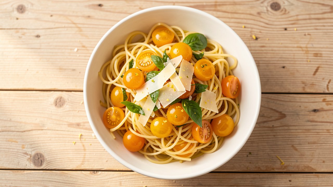 A bowl of angel hair pasta tossed with golden-orange Sungold tomatoes, basil, and olive oil