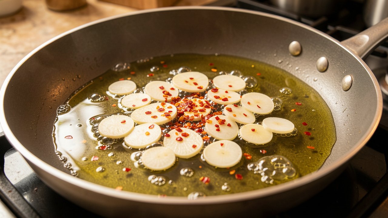 Sliced garlic and red pepper flakes warming to pale gold in olive oil in a skillet