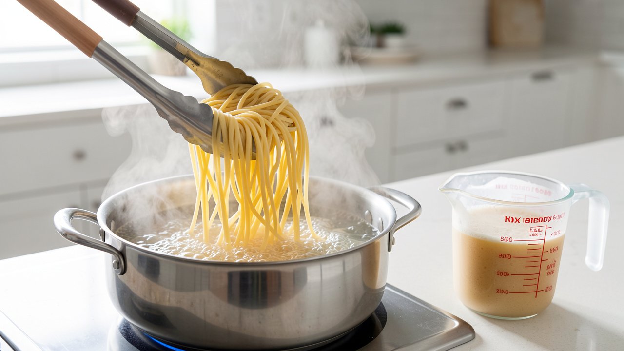 Angel hair pasta going into rolling boiling water beside a cup of reserved pasta water
