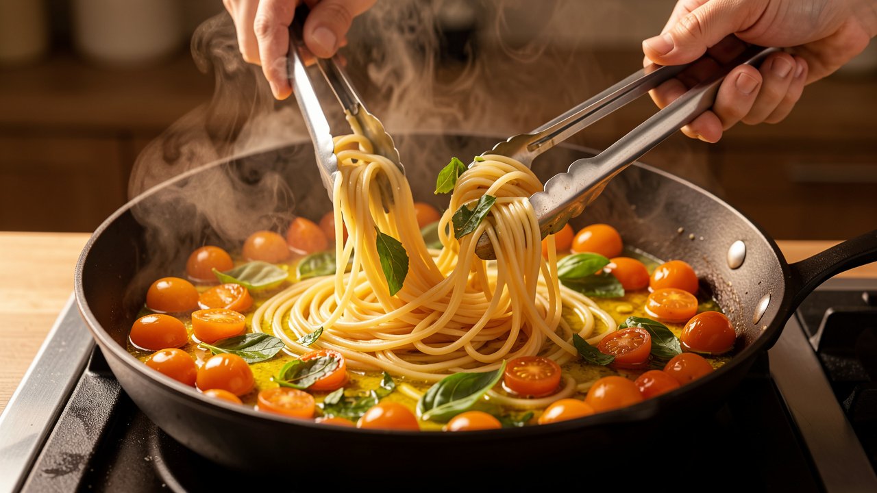 Angel hair pasta tossed with golden Sungold tomato halves and basil in a skillet