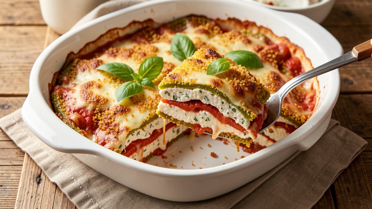 A slice of fried green tomato lasagna lifted from the dish showing layers of fried tomato, ricotta, and melted mozzarella
