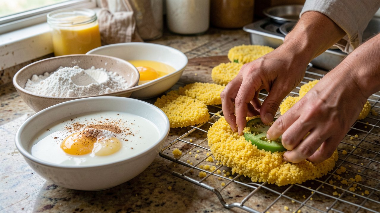 Hands pressing a green tomato slice into cornmeal beside bowls of flour and beaten egg