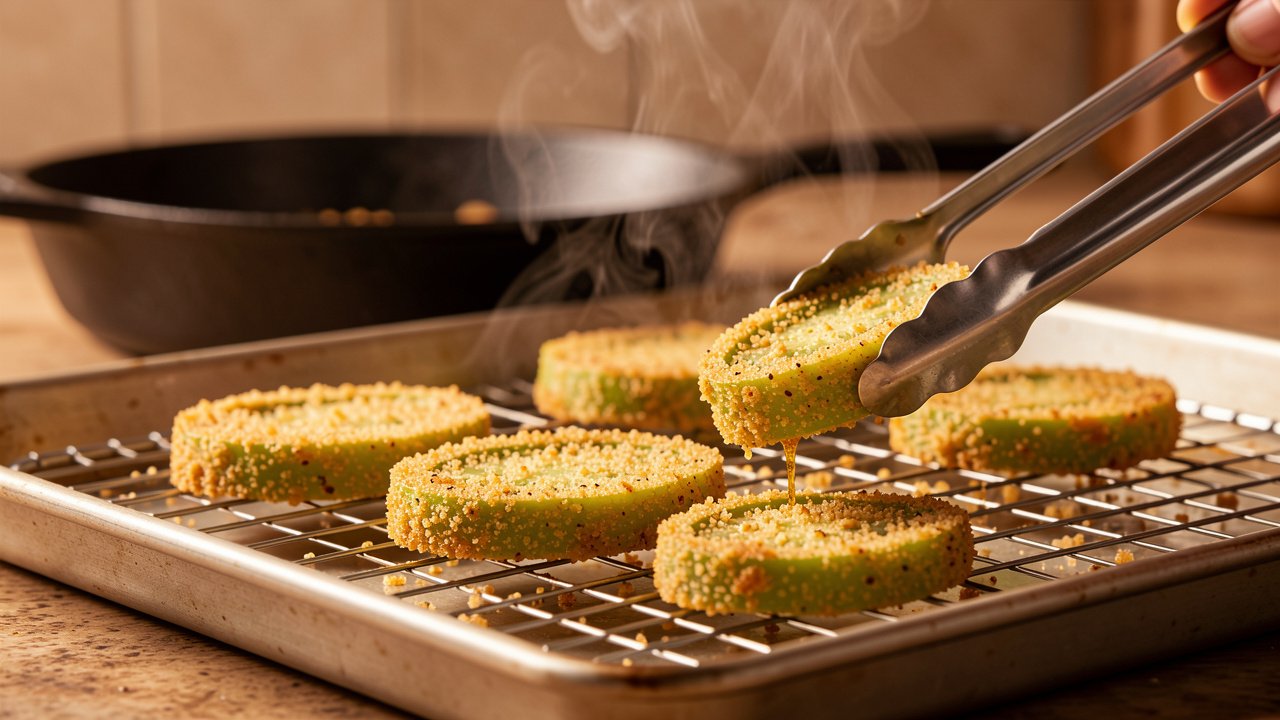 Crisp fried green tomato slices draining on a wire cooling rack above a sheet pan