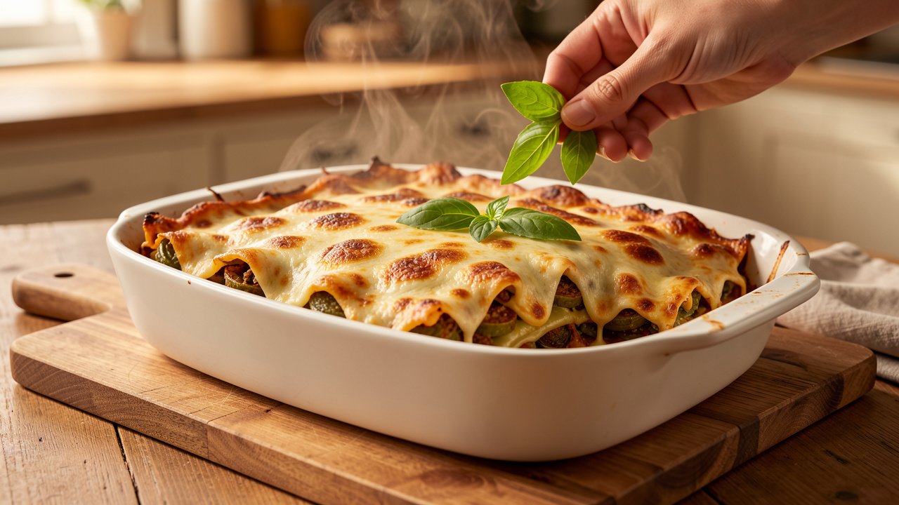 Baked fried green tomato lasagna resting in its dish with browned bubbling cheese on top
