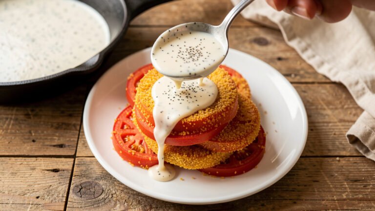 Golden fried red tomato slices on a plate covered with creamy black pepper milk gravy