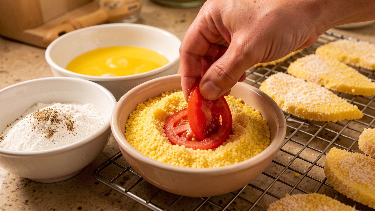 A tomato slice being pressed into cornmeal beside bowls of seasoned flour and egg wash