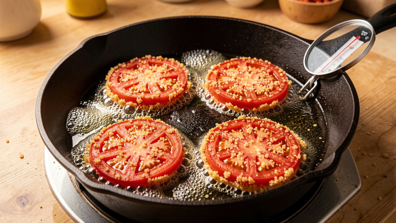 Cornmeal-crusted red tomato slices frying in shallow oil in a cast iron skillet