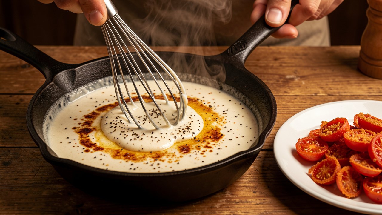 Milk gravy being whisked in a cast iron skillet with browned drippings and black pepper