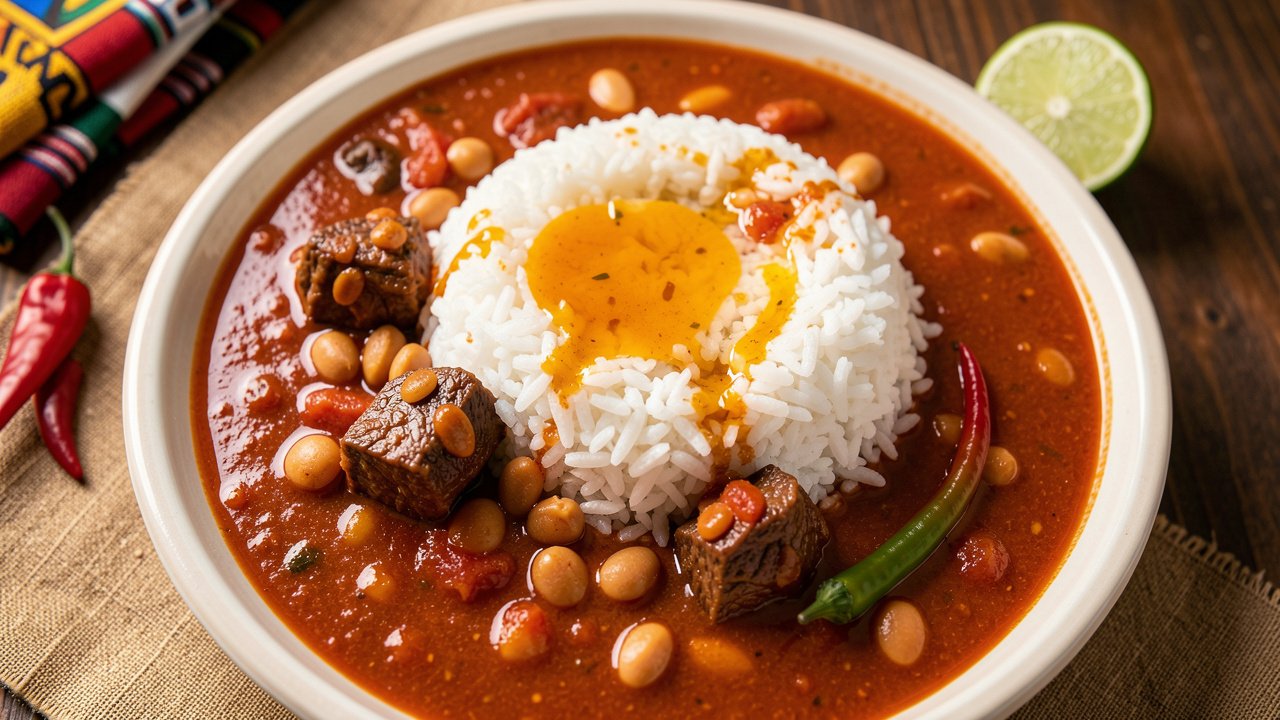 A bowl of rich red-brown Gambian domoda peanut and tomato stew with meat, served over white rice