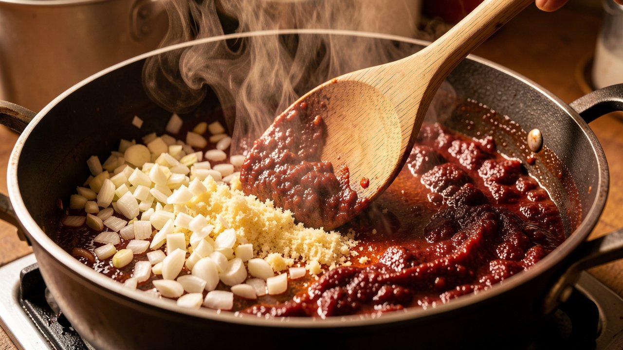Onion, garlic, and tomato paste frying into a deep red base in a pot