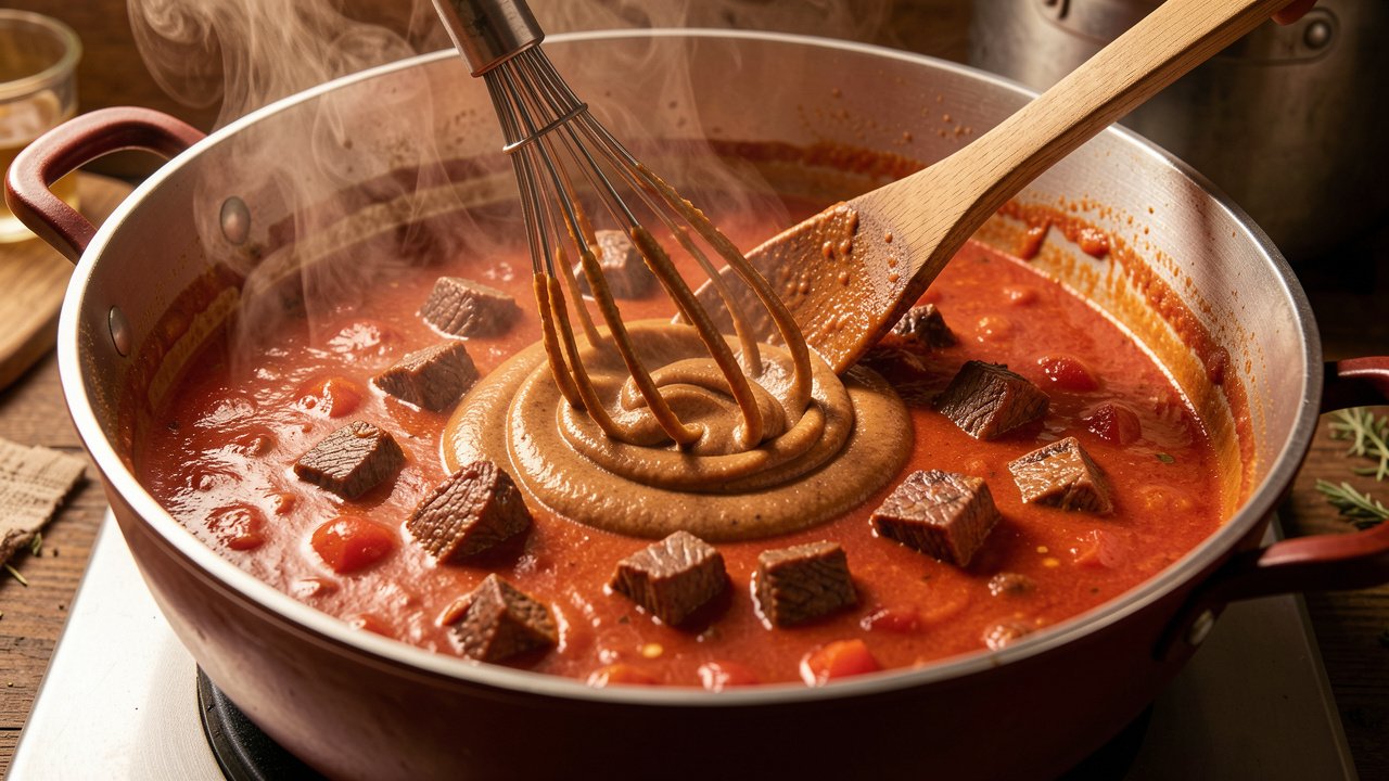 Peanut butter being stirred into a red tomato stew, forming a creamy red-brown sauce