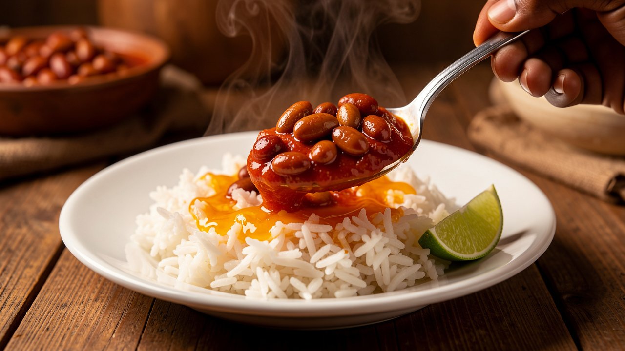 Finished domoda peanut and tomato stew spooned over white rice with a lime wedge