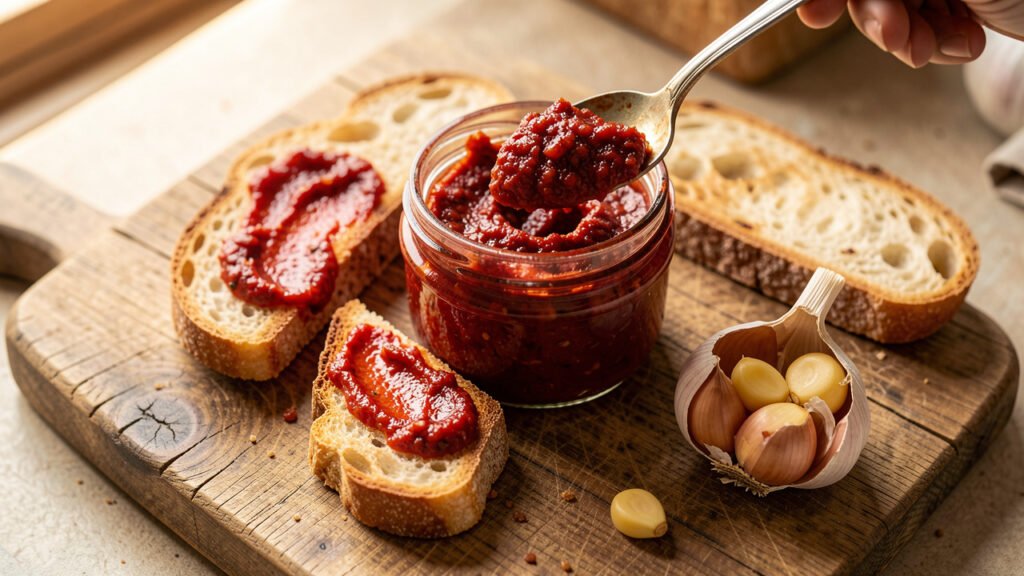 A jar of smooth garlic roasted tomato spread beside toasted sourdough and a roasted garlic head