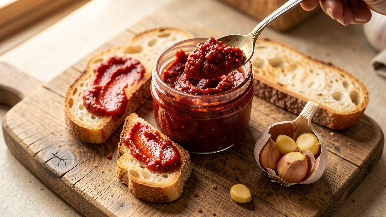 A jar of smooth garlic roasted tomato spread beside toasted sourdough and a roasted garlic head
