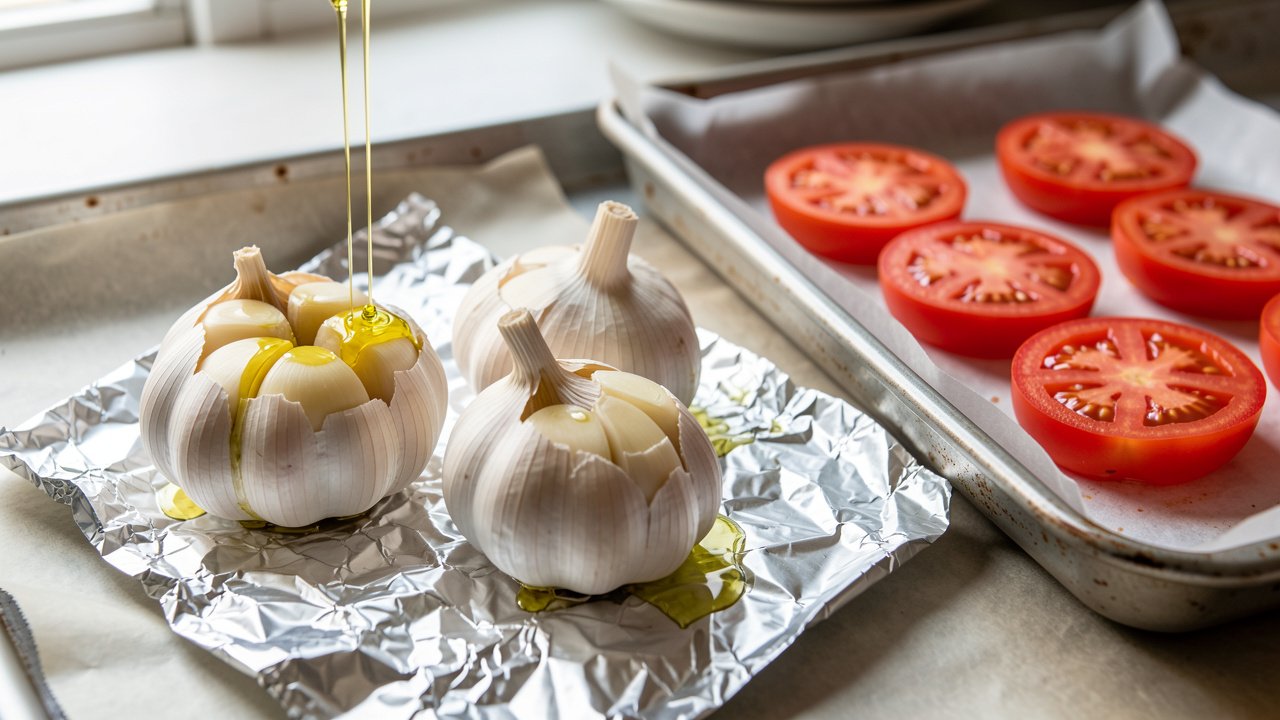 Garlic heads with sliced tops being drizzled with olive oil next to halved tomatoes on a sheet pan