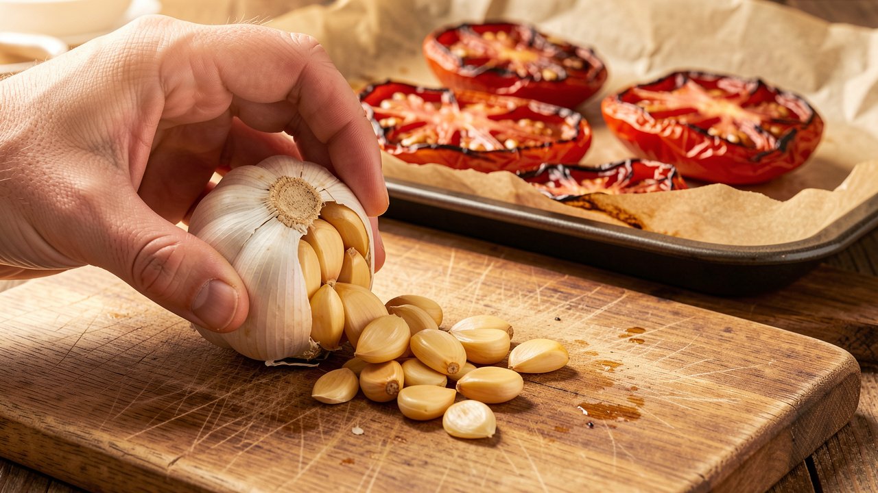 Soft roasted garlic cloves squeezed from the head beside shrunken roasted tomato halves