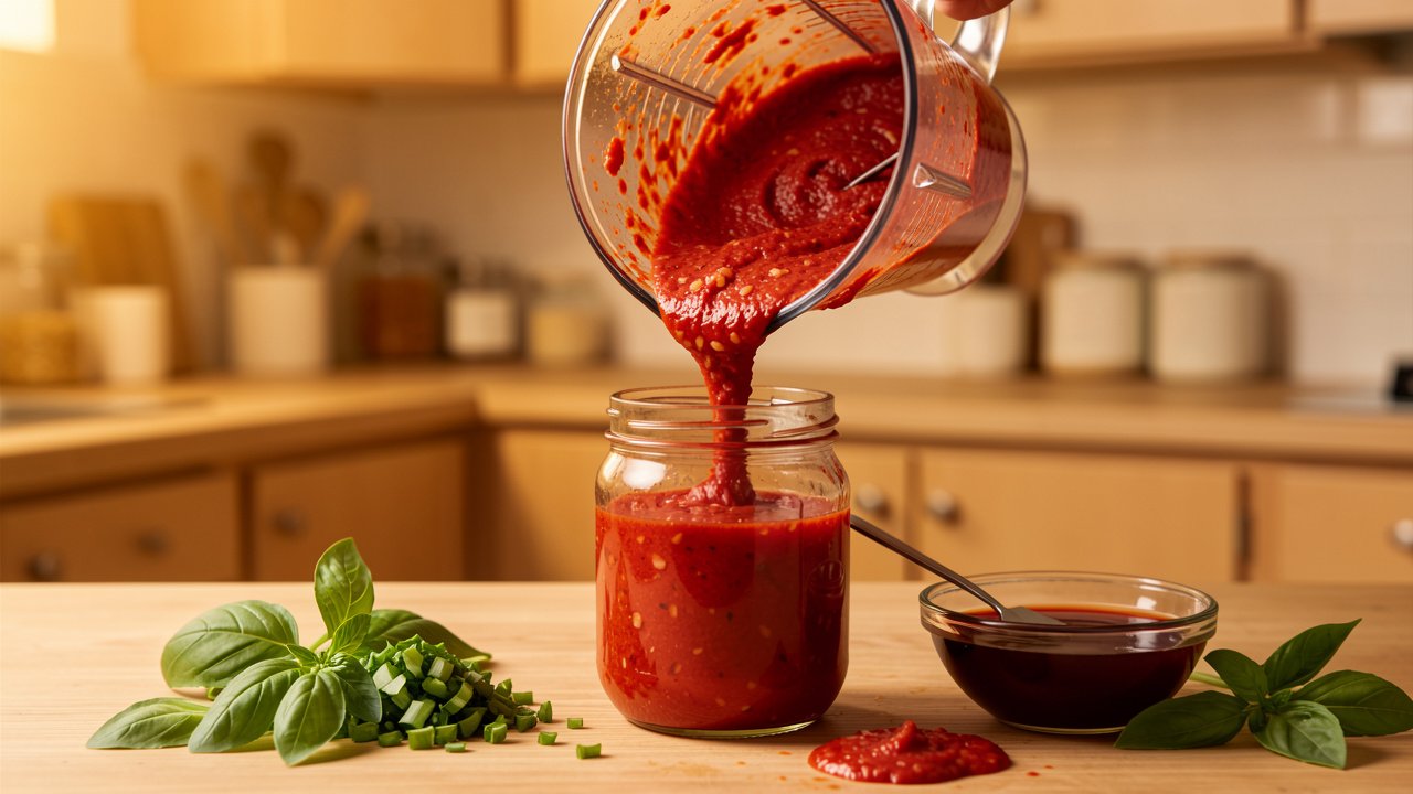 Smooth roasted tomato garlic spread being scraped into a glass jar with a spatula