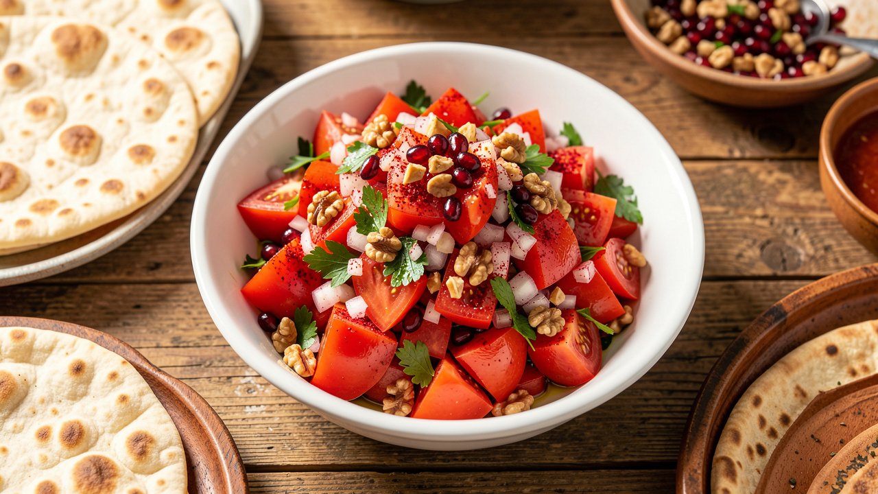 A bowl of gavurdagi salatasi with chopped tomato, onion, walnuts, and parsley dressed with pomegranate molasses and sumac