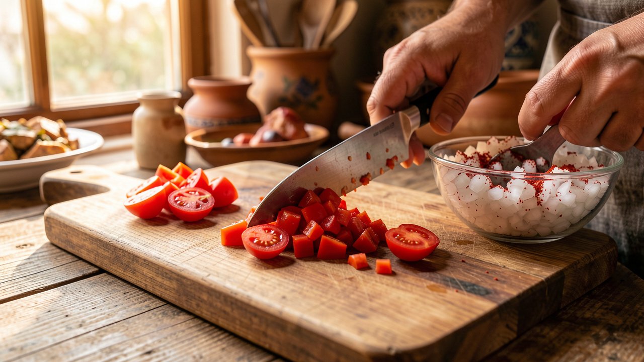 Firm ripe tomatoes being diced small on a wooden board for gavurdagi salad
