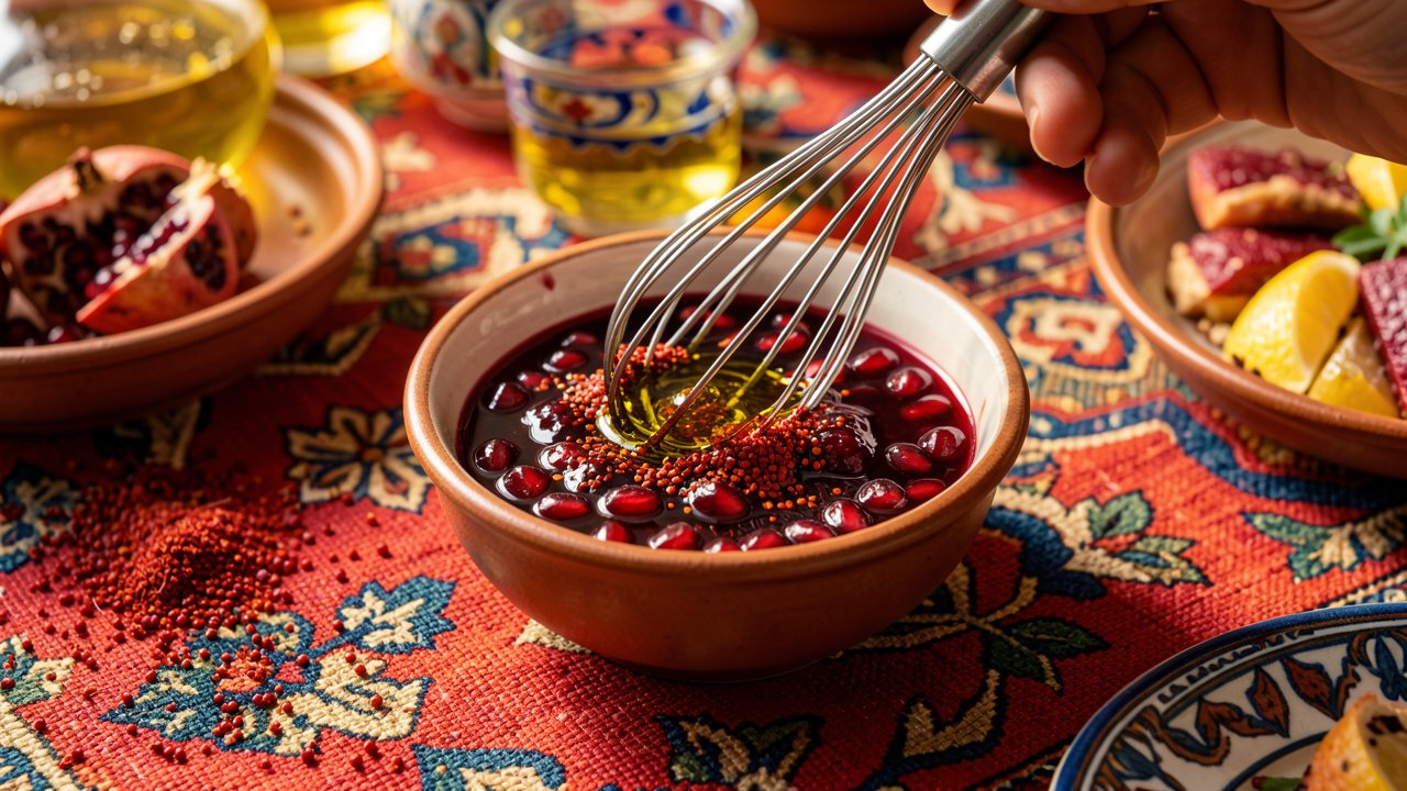 Pomegranate molasses dressing being whisked with olive oil, sumac, and lemon