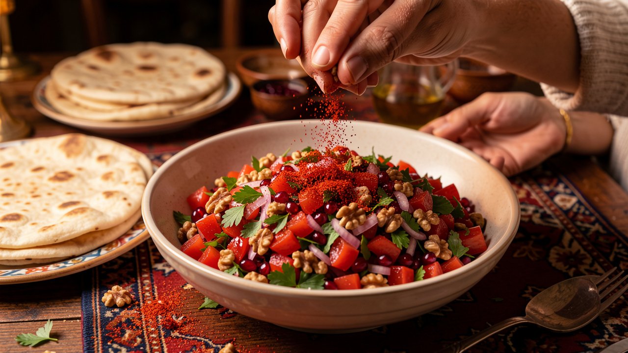 Finished gavurdagi salatasi being dusted with a final sprinkle of sumac