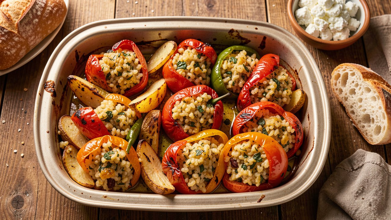 A baking dish of golden Greek gemista, stuffed tomatoes and peppers with potato wedges