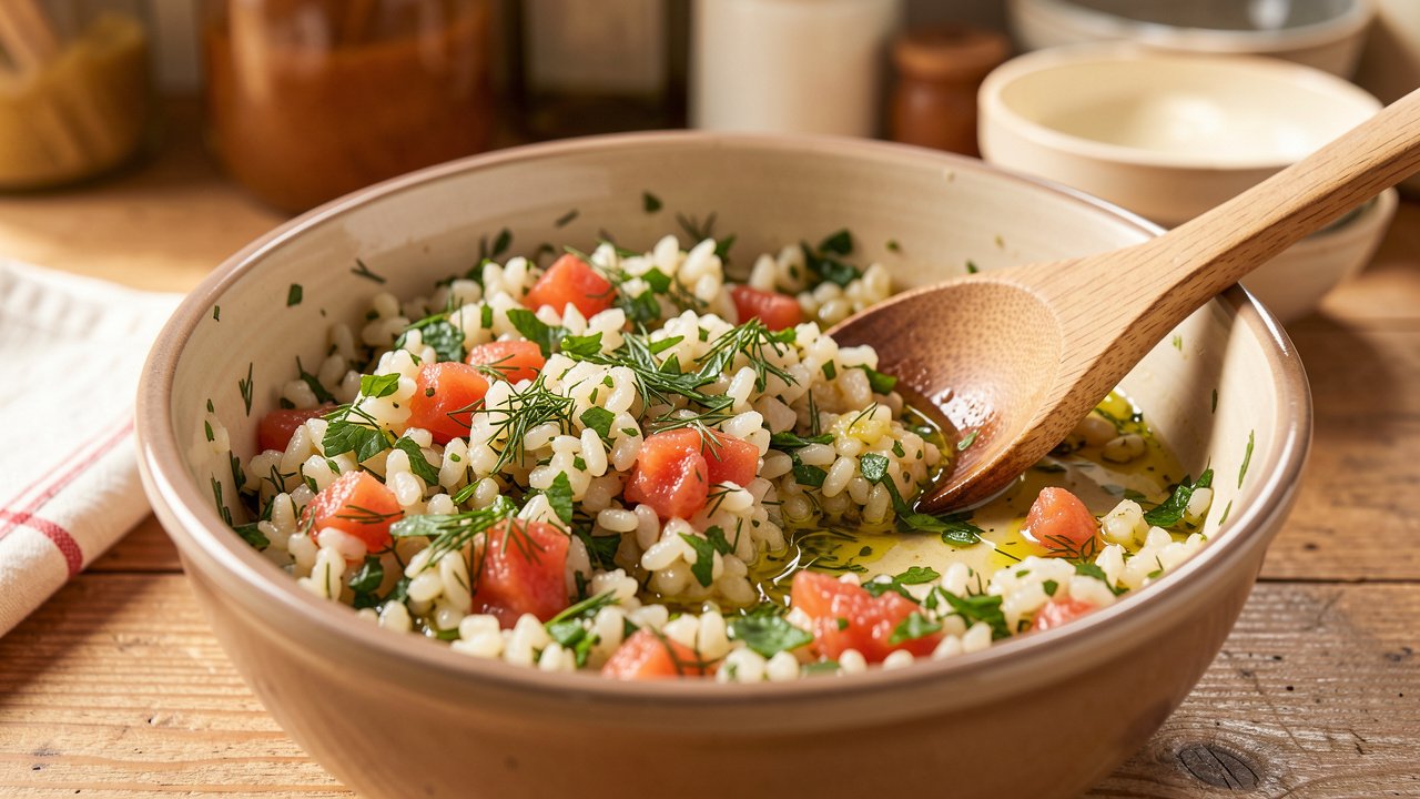 A bowl of herbed rice filling for gemista flecked with fresh green herbs