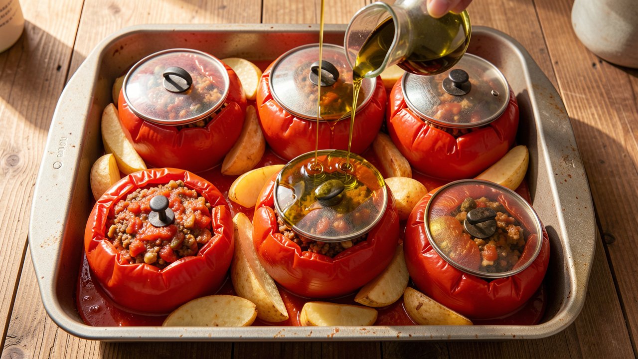 Raw stuffed tomatoes and peppers with potato wedges being drizzled with olive oil before baking