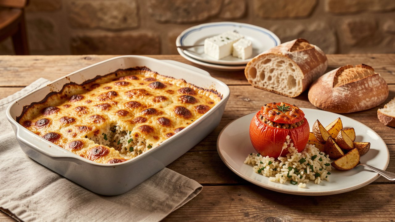 A stuffed tomato served with herby rice and potato wedges beside crusty bread and feta