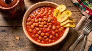 A bowl of Ghanaian red red black-eyed pea stew served with golden fried sweet plantains