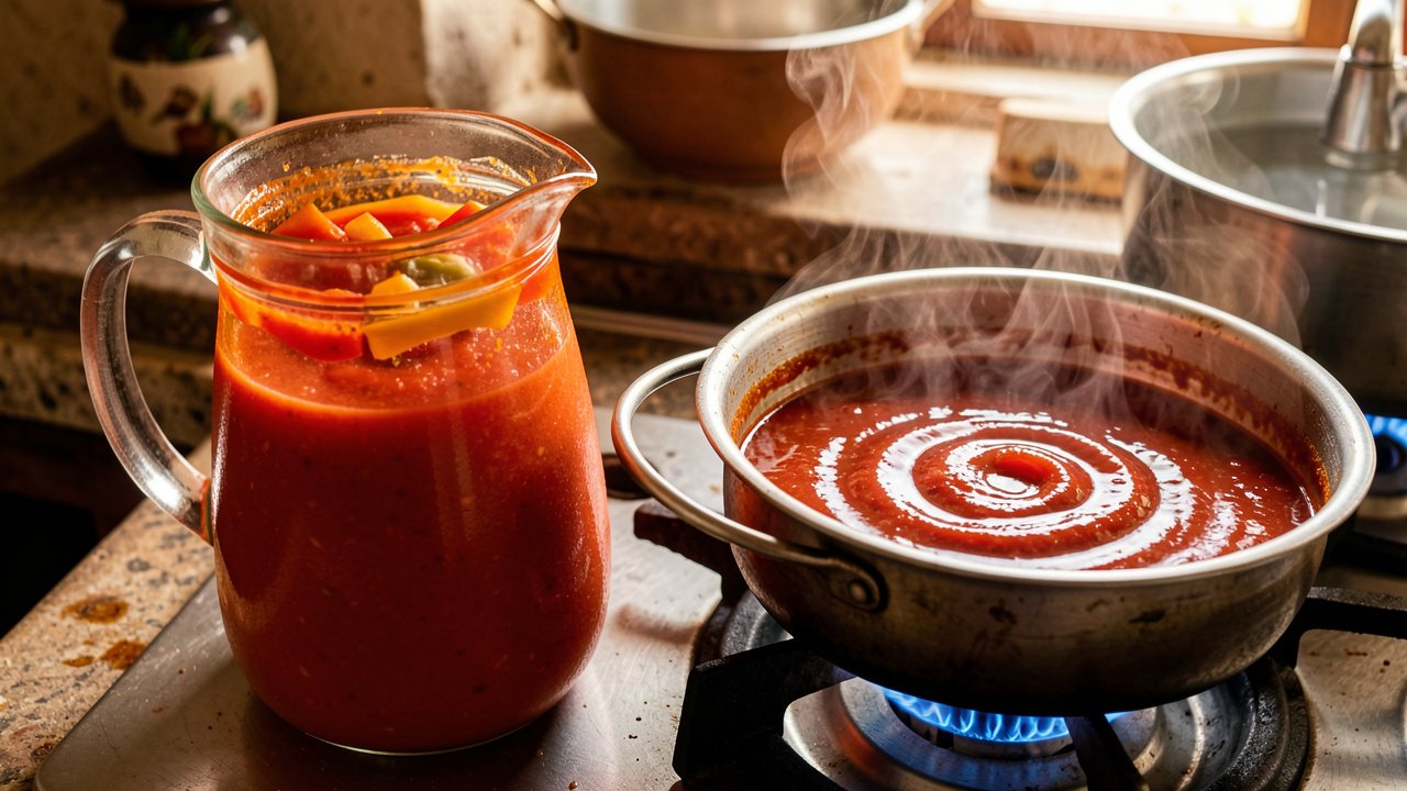 Blended red tomato and pepper puree next to a pot of melted red palm oil