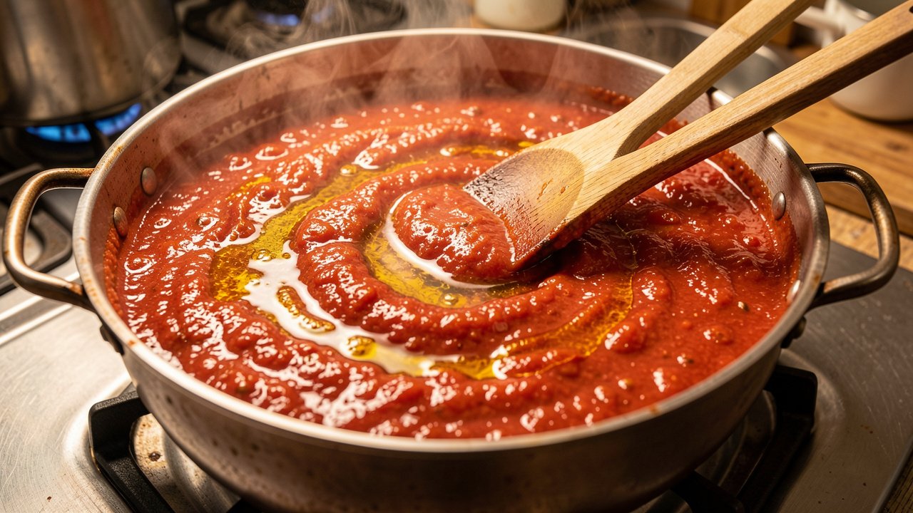 Brick-red tomato and palm oil sauce reducing in a pot with oil shimmering at the surface