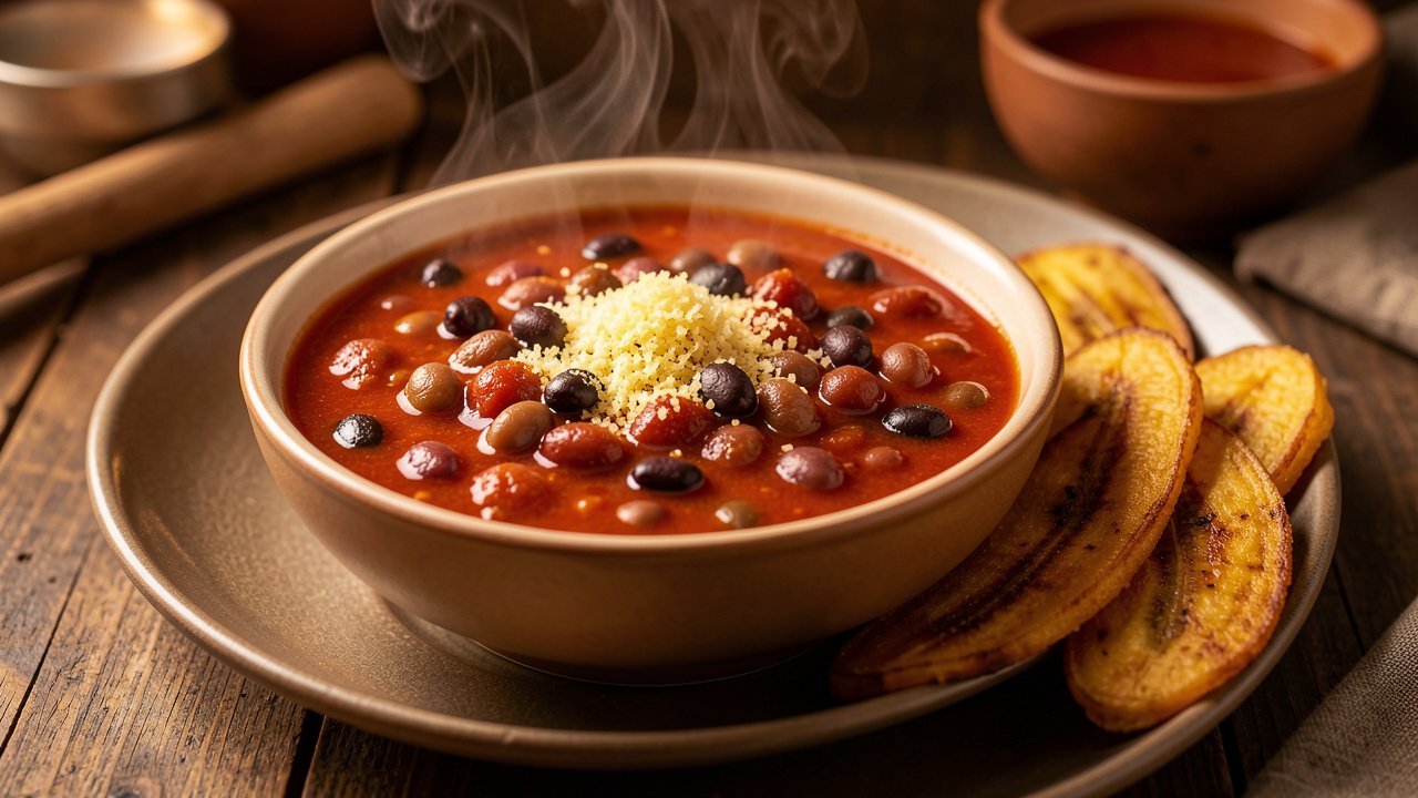 Finished red red stew served with golden fried plantains and a sprinkle of gari