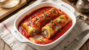 Golabki Polish cabbage rolls in tomato sauce in a baking dish, one cut open to show the beef and rice filling