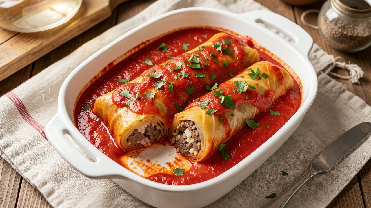 Golabki Polish cabbage rolls in tomato sauce in a baking dish, one cut open to show the beef and rice filling
