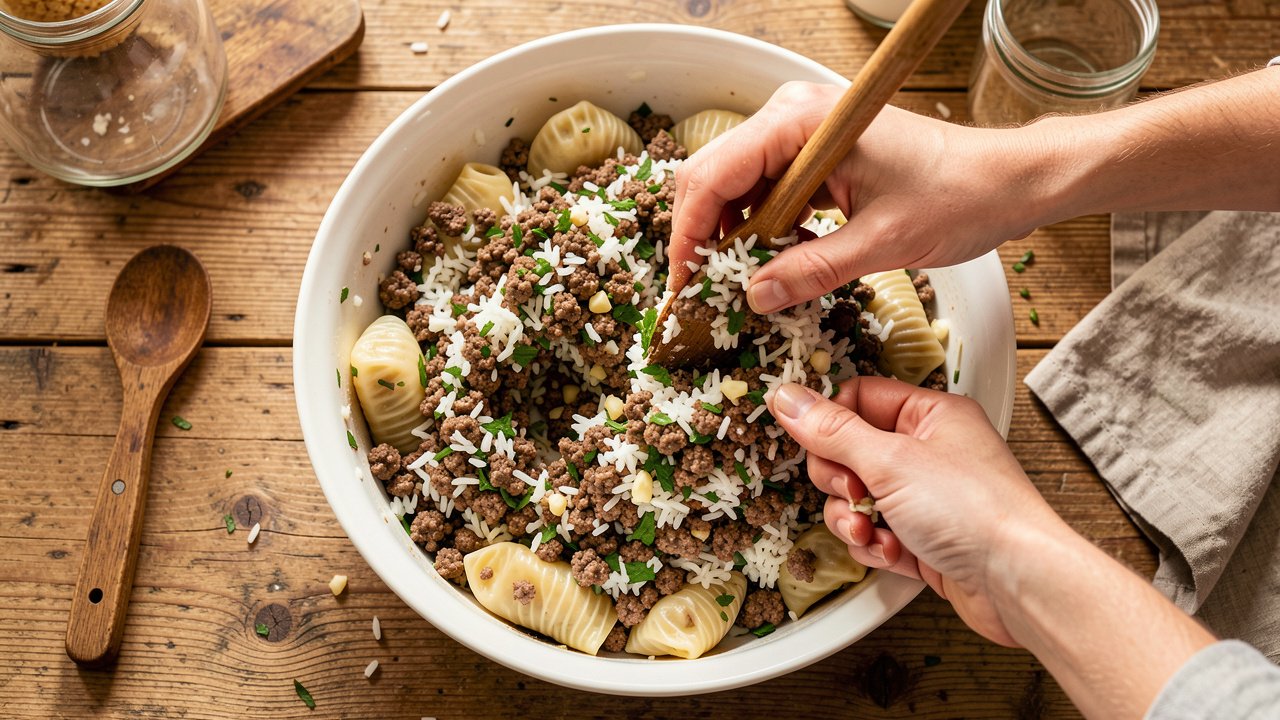 Golabki filling of halal beef, rice, onion and herbs being mixed in a bowl