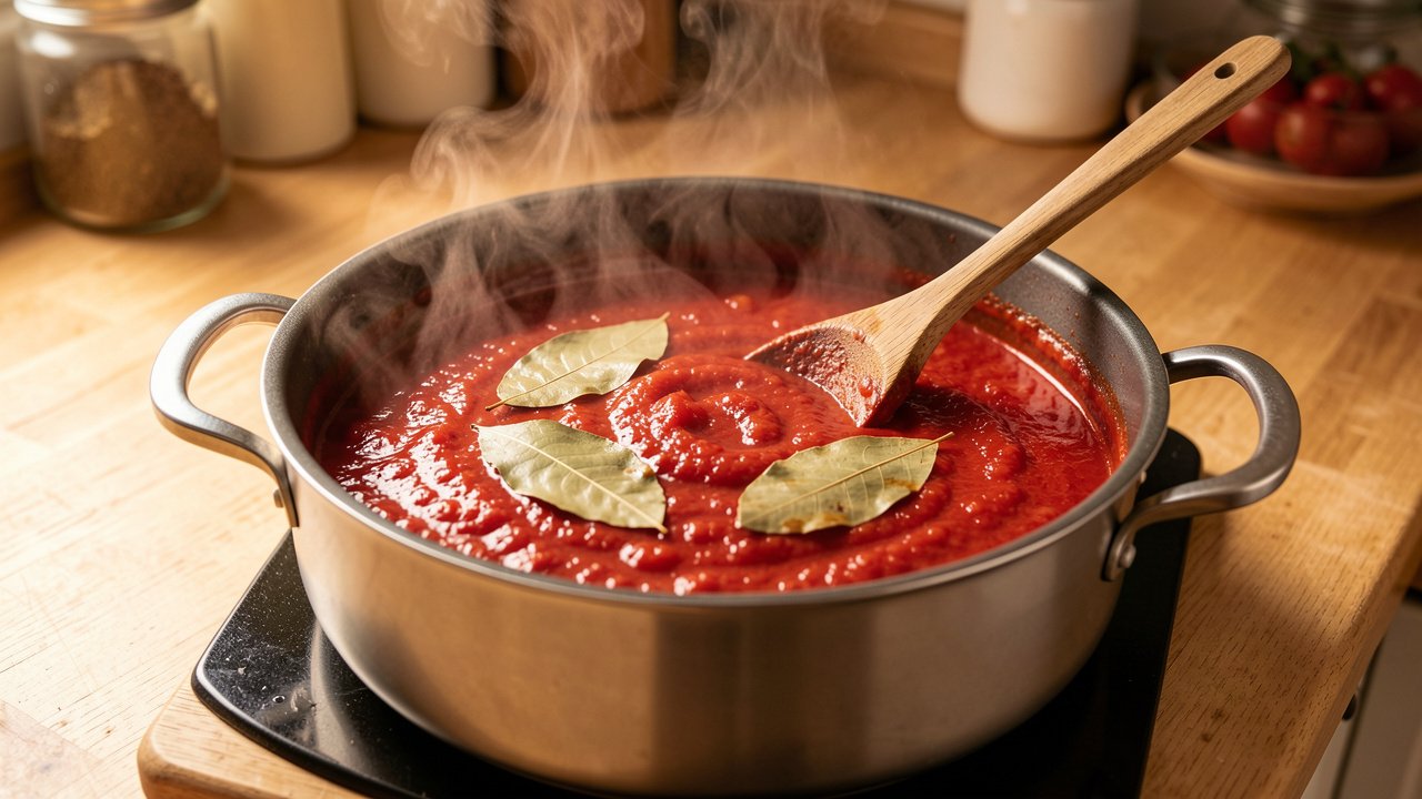 A pot of rich red tomato sauce simmering with bay leaves for braising golabki
