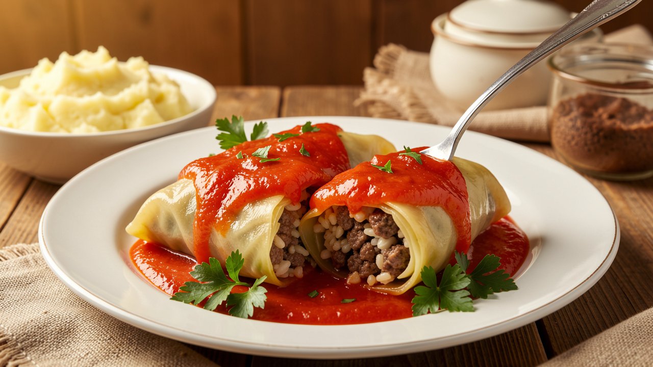 Finished golabki with tomato sauce and mashed potatoes, one roll cut open to show the filling