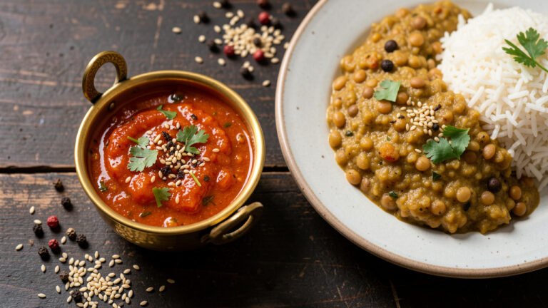 A small bowl of nutty red-orange golbheda ko achar served beside a plate of Nepali dal bhat