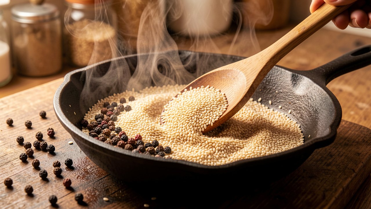 Sesame seeds toasting golden in a dry pan with timur peppercorns