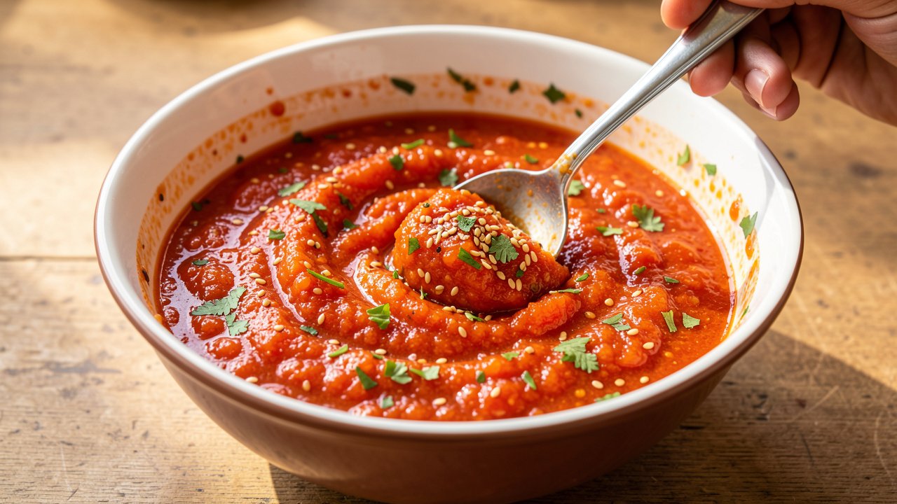 A bowl of freshly blended tomato sesame achar being stirred