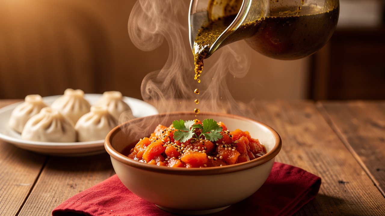 Hot mustard-oil tarka being poured over a bowl of tomato sesame achar with momos nearby