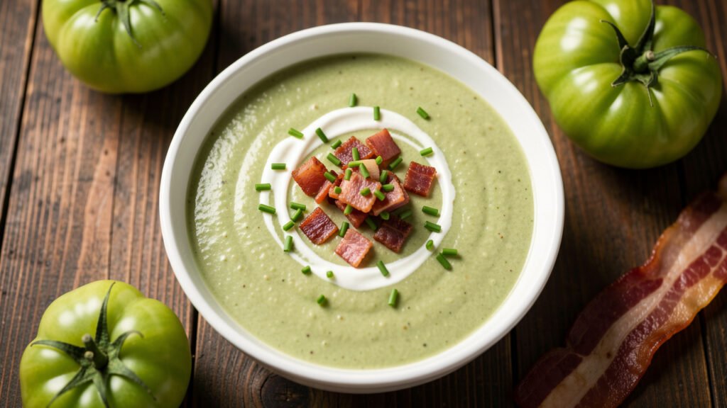 A bowl of blended green tomato and bacon soup topped with crisp bacon pieces and chives