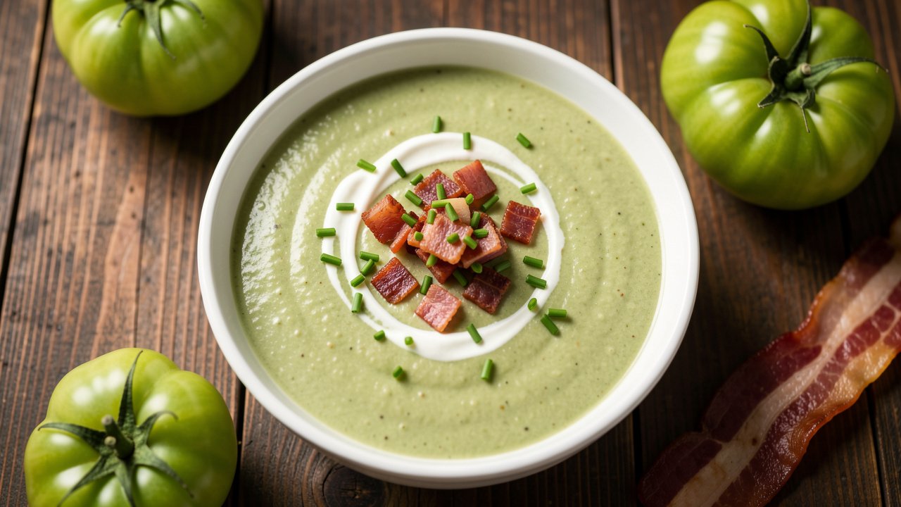A bowl of blended green tomato and turkey bacon soup topped with crisp turkey bacon pieces and chives