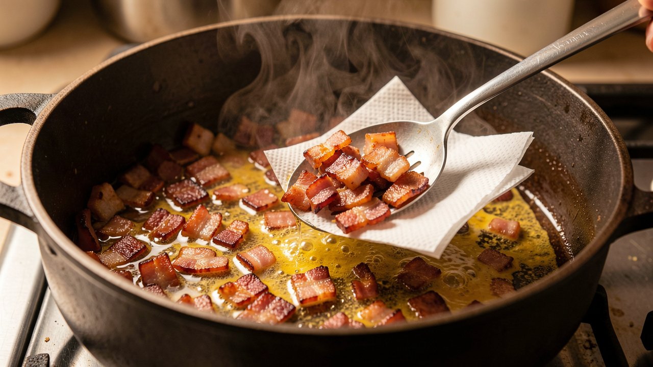 Chopped turkey bacon rendering and crisping in a heavy pot with golden fat pooling