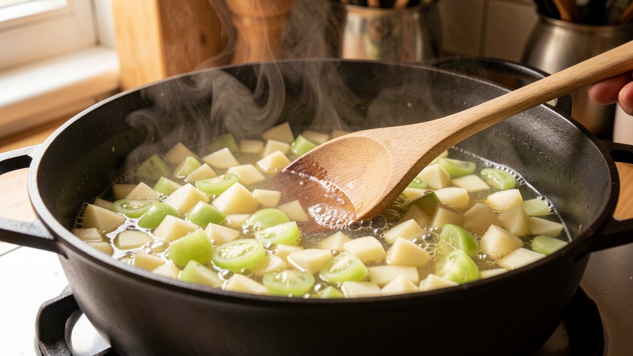 Chopped green tomatoes and diced potato simmering in stock in a soup pot