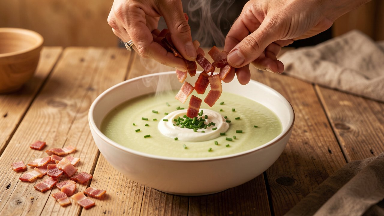 Crisp turkey bacon being scattered over a bowl of smooth green tomato soup with chives